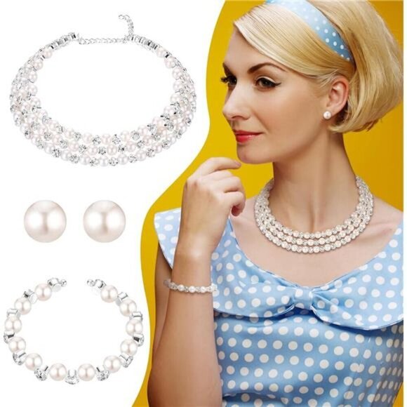 Pearl Rhinestone Jewelry Set for Women Pearl Necklace Bracelet Earrings - Picture 2 of 7